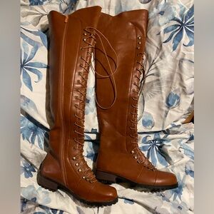 Brown Lace-Up Knee-High Boots